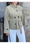 Women's Short Stand Collar Double Button Belted Trench Coat - 5