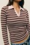 Women's Polo Neck Striped Ribbed/Camisole Long Sleeve T-Shirt