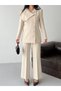 Women's Asymmetrical Collar Gold Buttoned Jacket and Pants Set - 7