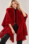 Women's Red Fur Collar Detailed Tasseled Loose Knitwear Shawl Poncho - 2