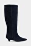 Mirel Navy Blue Genuine Suede Leather Pointed Toe Kitten Heel Women's Boots - 6