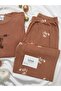 Coffee Teddy Bear Patterned Crew Neck Pajama Set - 3