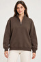 Women's Three-Thread Ribbed High Collar Half-Zip Winter Sweatshirt - Brown - 2