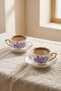 Peona Porcelain 2-Person Coffee Cup Set with Lilac Peony Pattern and Gold Color Handle 90 ml Turkish Coffee Espresso Cup Set - 2