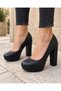 Women's Black Genuine Leather Low-Cut Classic Platform Heeled Premium Evening Dress Shoes - 5