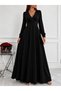Women's Long Sleeve Double Breasted Collared Pleated Waist Corset Detailed Long Janjan Crepe Dress