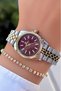 Gold Silver Burgundy Color-Steel Strap Women's Wristwatch -Waterproof- with Bracelet Gift - 2