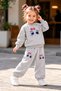 Girl's 3-Thread Cat Print Gray Tracksuit Set – Sweatshirt with Bow and Elasticated Hem Top and Bottom Set
