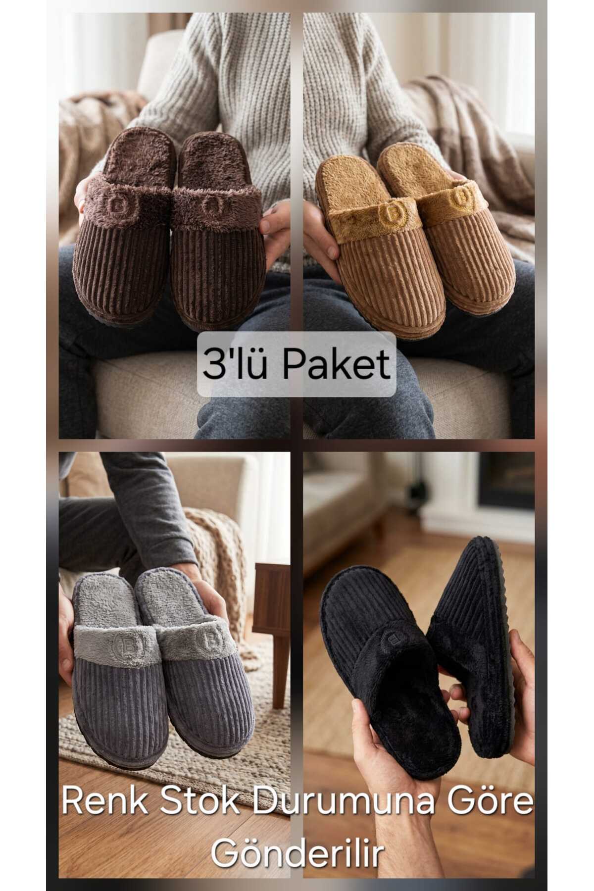 Pack of 3 Men's Black Velvet Plush Detailed Ribbed Comfort House Slippers