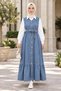 Women's Buttoned Belted Skirt with Ruffles Light Blue Denim Gilet - 4