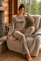 Velvet Fabric Mink Print Detailed Crew Neck Women's Pajama Set