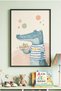 1 Piece of Cute Blue Crocodile Concept Wooden Painting with Black Wooden Frame - Children's and Baby's Room and Home Decoration Painting