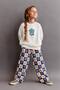 Girl's Blue Floral Embroidered Sweatshirt and Floral Checkerboard Patterned Wide-Leg Pants 2-Piece Set