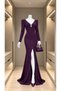 Women's v-neck crystal embellished padded/smocked shoulder slit mermaid evening dress - 4