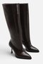 Women's Brown Patent Leather Pointed Toe Thin Heeled Mid-Sewn Below-The-Knee Boots - 2