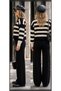 Black Thick Striped Gold Buttoned Turtleneck Bottom Solid Color Wide Leg Standard Size Knitwear Set (36-42) - 2