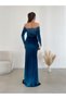 Women's Madonna / Boat Neck Stone Embellished Slit Long Velvet Evening Dress - 3
