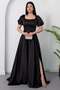 Square Neck Flounce Sleeve Long Satin Dress Drp570