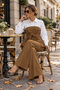 Women's Long Sleeve Shirt with Collar, Tricot Detail, Asymmetrical Cut, Belted Waist, Imported Crepe Blouse and Slit Wide-Leg Pants, Two-Piece Set, Stylish Office and Event Outfit.