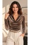 Women's Brown Degaje Collared Long Sleeve Pleated Velvet Fabric Blouse - 6