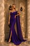 Women's One-Shoulder Stone Embellished Tulle Cape Detailed Slit Glitter Crepe Evening Dress