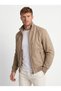 Men's Beige Stand Collar Zippered Suede Coat - 2
