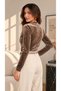 Women's Brown Degaje Collared Long Sleeve Pleated Velvet Fabric Blouse - 8