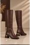 Women's Brown Gold Heel and Buckle Detailed Side Zipper Short Heeled Below the Knee Long Boots - 5