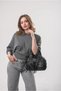 Women's Washed Leather Look Multi-Pocket Zippered Adjustable Strap Hand and Shoulder Bag Black 18376 - 3