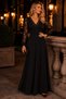 New Season Women's Long Sleeve V-Neck Lace Long Crepe Evening Dress |   Wedding-Invitation-Special Occasion Dress - 2