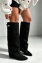 Livia Black Suede Buckle Belt Detail Women's Heeled Boots
