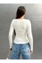 Women's V-Neck Buttoned Long Sleeve Slim Fit Viscose Ribbed Blouse Ecru - 5