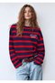 Women's Navy Blue Striped Oversize T-Shirt Long Sleeve Crew Neck Basic 100% Cotton