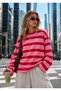 Women's Navy Blue Striped Oversize T-Shirt Long Sleeve Crew Neck Basic 100% Cotton - 2