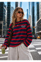 Women's Navy Blue Striped Oversize T-Shirt Long Sleeve Crew Neck Basic 100% Cotton - 4