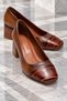 Women's Tan Genuine Leather Crocodile Detailed Blunt Toe Thick Heeled Premium Classic Shoes - 6