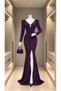 Women's v-neck crystal embellished padded/smocked shoulder slit mermaid evening dress - 3