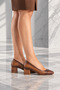 Women's Tan Genuine Leather Crocodile Detailed Blunt Toe Thick Heeled Premium Classic Shoes - 3