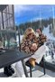 Women's Brown Ecru Floral Patterned Zippered Plush Cardigan Oversize High Collar Rb013 - 2