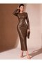 Women's long sleeve boat neck long slim fit leather dress - 3