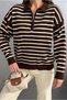 Women's Brown Polo Collar Half Zipper Striped Oversize Knitwear Sweater Rb0720 - 5