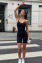Women's Black Thin Strap Biker Shorts Gathering Stretchy Seamless Sports Bodysuit - 2