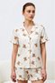 Women's Snow White Teddy Bear Patterned Short Sleeve Buttoned Shirt Collar Ruffle Shorts Pajama Set