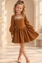 Girl's Long Sleeve Pearl Embellished Chest Window Tan Dress