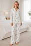 Women's White Blue Bow Patterned Long Sleeve Shirt Collar Buttoned Pants Cotton Pajama Set