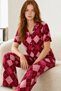 Women's Red Plaid Patterned Short Sleeve Buttoned Shirt Collar Wide Leg Pants Pajama Set - 3
