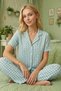 Women's Aqua Green Square Patterned Wrinkled Fabric Short Sleeve Pajama Set - 5