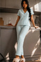 Women's Aqua Green Textured Fabric Collared Pajama Set
