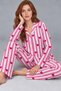 Women's Pink Long Sleeve Shirt Collar Striped Heart Pajama Set - 3