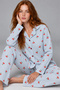 Women's Blue Cherry Patterned Gingham Long Sleeve Buttoned Pants Cotton Pajamas Set - 5